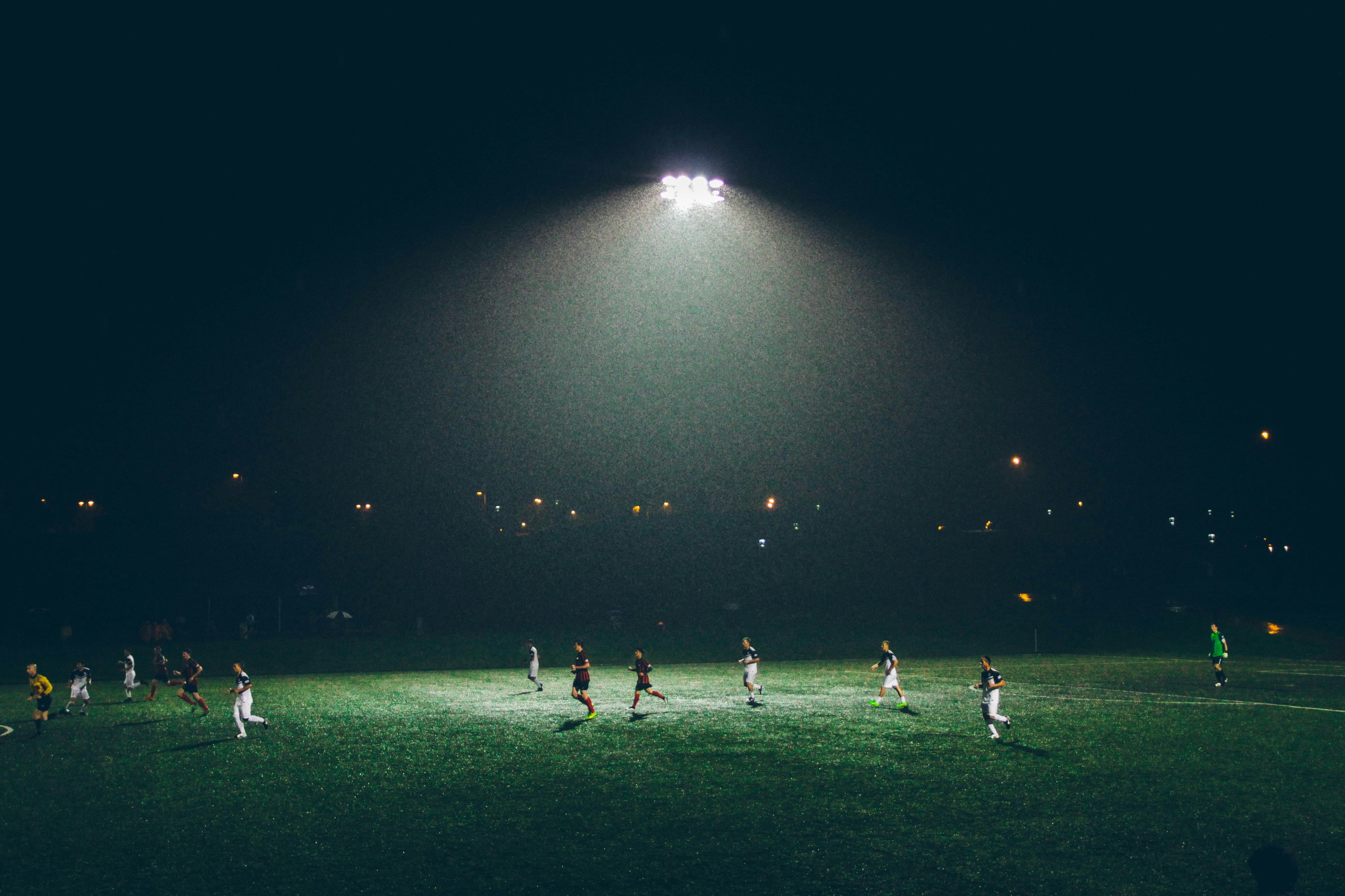 Players gathering on a sports venue